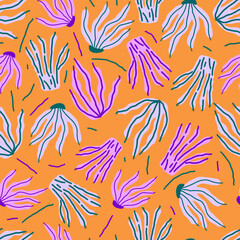 Tropical leaves are hand drawn on a bright seamless background. Botanical trendy design. Vector repeating fabric design.