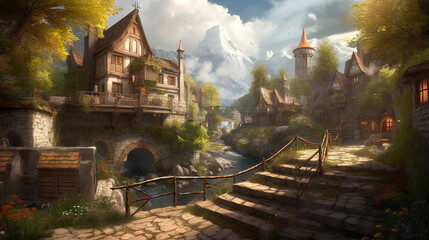 3d landscape fantasy village illustration. Generative AI.