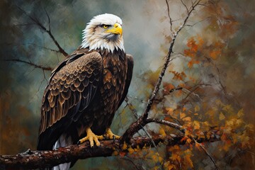 Obraz premium American Eagle Perched on a Branch in Acrylic Painting, Impressionistic Style. Generative AI