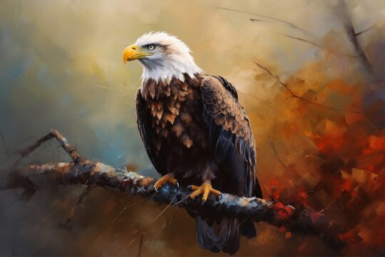 American Eagle Perched on a Branch in Acrylic Painting, Impressionistic Style. Generative AI
