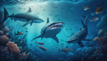 Sharks underwater in ocean against bright light, generated ai background