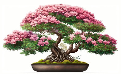 bonsai tree with pink flowers in a ceramic pot isolated on white background, generative ai art