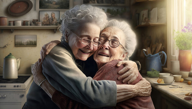Two happy elderly women hugging and embracing each other, love and friendship generative ai image