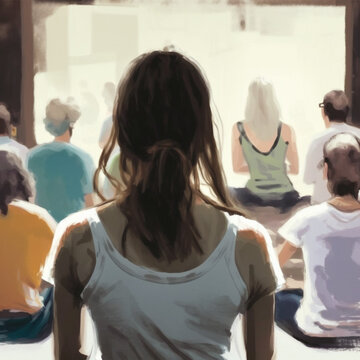 Group of people in a yoga class. Generative AI.