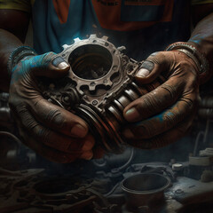 Close up of hands of a car mechanic working. Generative AI.