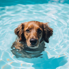 Dog bathing in the pool in summer. Generative AI.