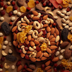 Dish with mix nuts. Dry fruit. Generative AI.
