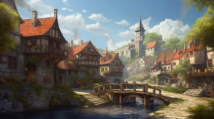 Fototapeta na wymiar 3d landscape fantasy village illustration. Generative AI.