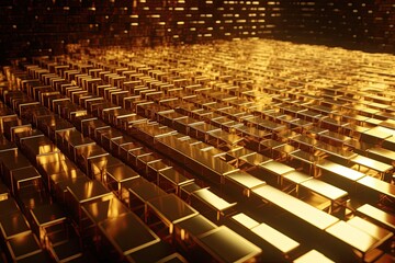 In the dimly lit Caveau of the bank, rows upon rows of gleaming ingot bars of gold are stacked. Gold standard monetary system where value of country's currency is directly linked to gold. AI-generated