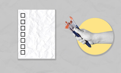 Checklist concept. Modern art collage. A hand holds a marker. Questionnaire layout.