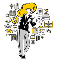 Online education in university or collage, student is doing homework or preparing for remote exam, vector outline illustration, distance study sciences and graduate.