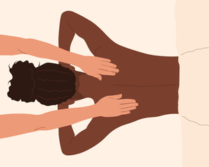 Black woman gets a full-body massage at a SPA wellness salon. Colored flat vector illustration isolated on white background. Top view 