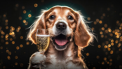 Funny dog cheers at celebration party. Generative ai