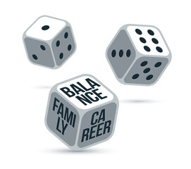 Vector concept of rolling dices and choosing balance between family and career in life for a person in modern world life, vector illustration.