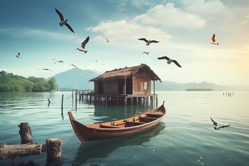 Beautiful wooden boat on the sea with birds in sunset
