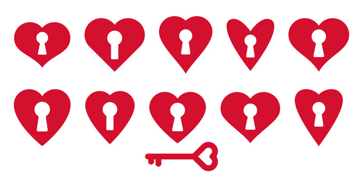 Heart shaped padlocks vector logos or icons set, locks and turnkeys love theme in a shape of hearts open or closed emotions, secret feelings concept, Valentine theme.