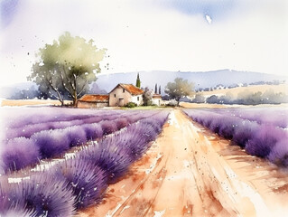Lavender Field in Provence. Watercolor Illustration. Post card with a copy space.