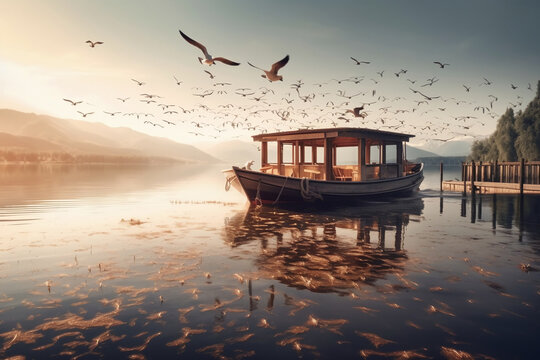 Beautiful wooden boat on the sea with birds in sunset