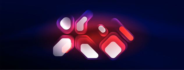 Glowing neon geometric elements abstract background. Neon light or laser show, electric impulse, power lines, techno quantum energy impulse, magic glowing dynamic lines