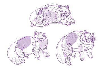 Nice cute cat linear vector illustrations set, line art drawings of pussycat relaxing, artistic outline minimal sketch of fat and lazy cats.
