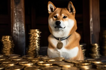 A Shiba Inu sitting among golden coins
