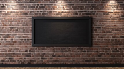 Blank blackboard hanging on brick wall with spotlights. Mock up. Generative AI.