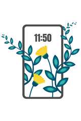 Decorative picture of two phones with blue plants and yellow flowers growing out of the phone screen.