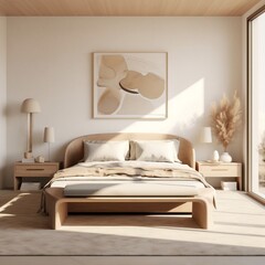 Natural Wood Furniture Bedroom Mockup with Beige Color Scheme. Generative AI