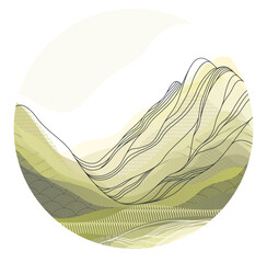 Nature art oriental Japanese style vector abstract background in a shape of circle, mountains terrain landscape, scenic abstraction.