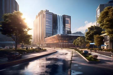 3D Futuristic office building in the middle of the city with nature surrounding. Created with Generative AI technology.