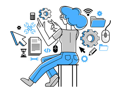 Woman technician computer engineer repairing pc vector outline illustration, fixing system work with software and hardware, system administrator.