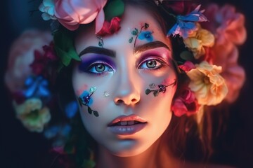 Obraz premium Sensual woman with body art and colored eyes and lips, butterflies and flowers. Generative AI