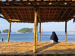 Hut at Watu Karung Beach, Pacitan, Indonesia to relax and enjoy the view.