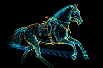 Illustration of 3d neon racing horses - obrazy, fototapety, plakaty