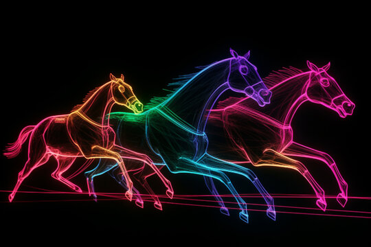 Illustration of 3d neon racing horses