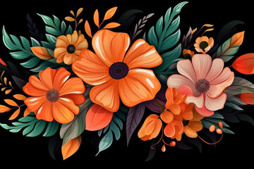 Colorful watercolor flowers on a black background, dark orange and black, ceramic