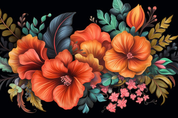 Colorful watercolor flowers on a black background, dark orange and black, ceramic