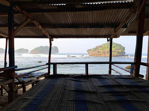 Hut at Watu Karung Beach, Pacitan, Indonesia to relax and enjoy the view.