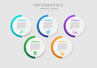 business infographic template half circle gradient Multi color with clean white buttons, 5 options, planning, work, top lettering and bottom icons design for product, marketing, project.