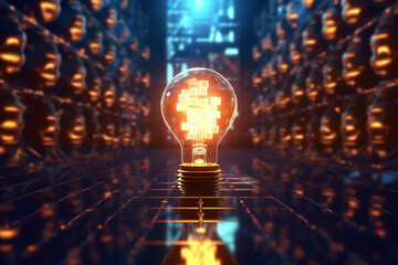 Blockchain Illumination: A Polygonal Light Bulb Concept on a Cryptocurrency Network HUD Background in 8K 