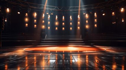 Empty stage of the theater, lit by spotlights before the performance. Red round podium on bright background. Empty pedestal for award ceremony. Platform illuminated by spotlights. Generative AI - obrazy, fototapety, plakaty