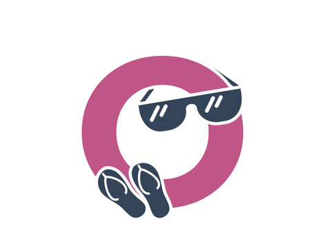 letter o with sunglasses and flip flops. creative vacation alphabet logo. summer tourism design. isolated vector image