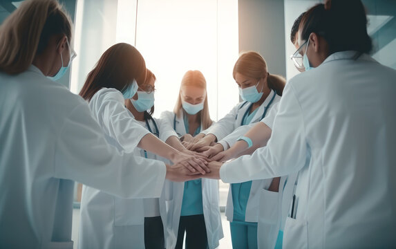 Doctors And Nurses In A Medical Team Stacking Hands Mutual Support, Encouragement Health And Medical Concept. Generative Ai