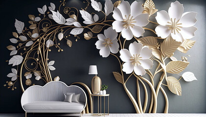 3d wallpaper floral tree background with white flower leaves and golden stem. interior wall home decor. Generative AI