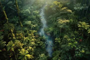 Fototapeta na wymiar Tropical green lush rainforest near amazon river, top drone view landscape