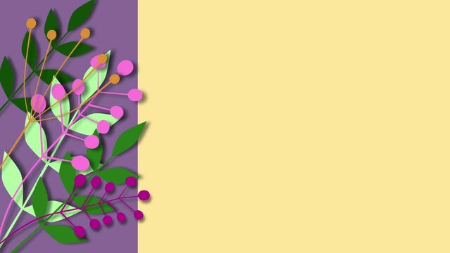 colorful animated paper plants and flowers on purple and yellow background with copy space