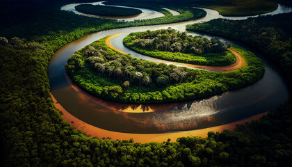 Aerial view of the Amazonas jungle landscape with river bend. Generative AI
