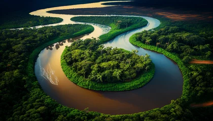 Fotobehang Aerial view of the Amazonas jungle landscape with river bend. Generative AI © mfz