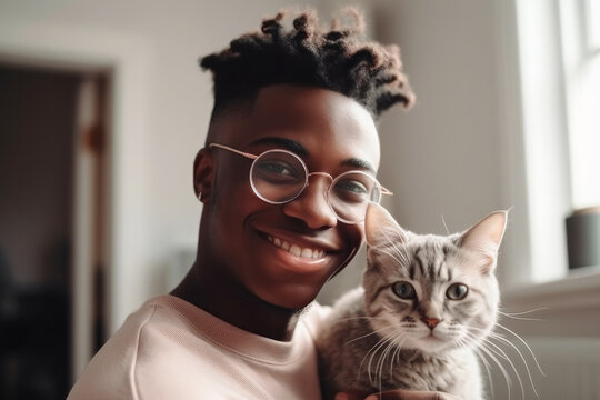 Cheerful man with cat looking at camera Generative AI