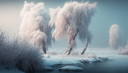 amazing winter landscape with fog and frosty trees. Generative AI